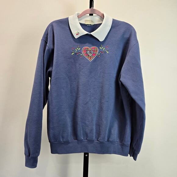 Top Stitch by Morning Sun Sweaters - Vintage Sweater Heart Cherry Embroidered Contrast Collar‎ Blue Top Morning Sun L